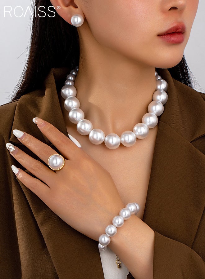 roaiss 5 Pcs White Pearl Jewelry Set for Women Fashionable Beaded Necklace, Bracelet, Earrings, and Ring Retro Elegance Luxury Wedding Accessories - Image 3
